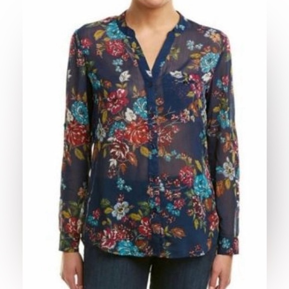 Kut from the Kloth Navy Floral Sheer Sinclaire Button Down Blouse Size Large - Picture 1 of 15